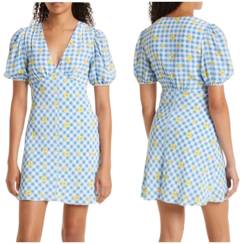 Staud Nwot Milla Dress Gingham Daisy Plaid Blue White Floral Puff Sleeve Size 0